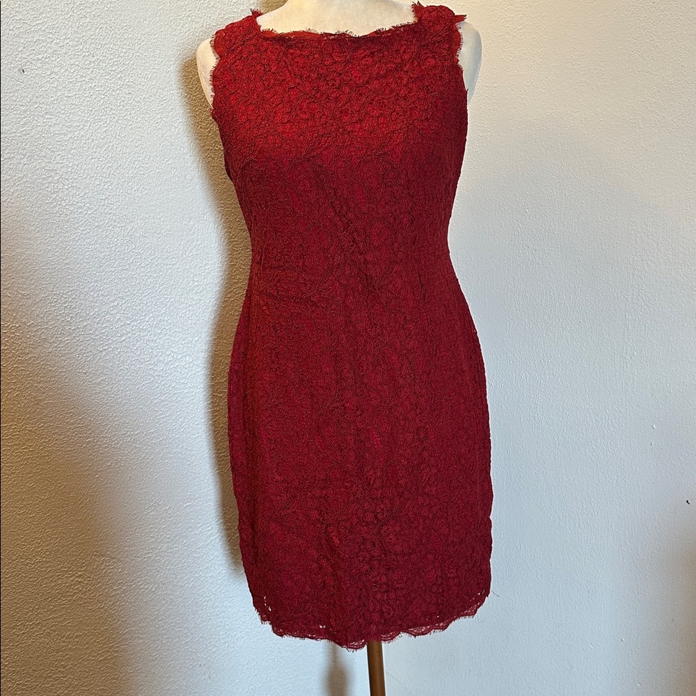 Adrianna Papell Vibrant Red Evening Lace Midi Dress Size 8P